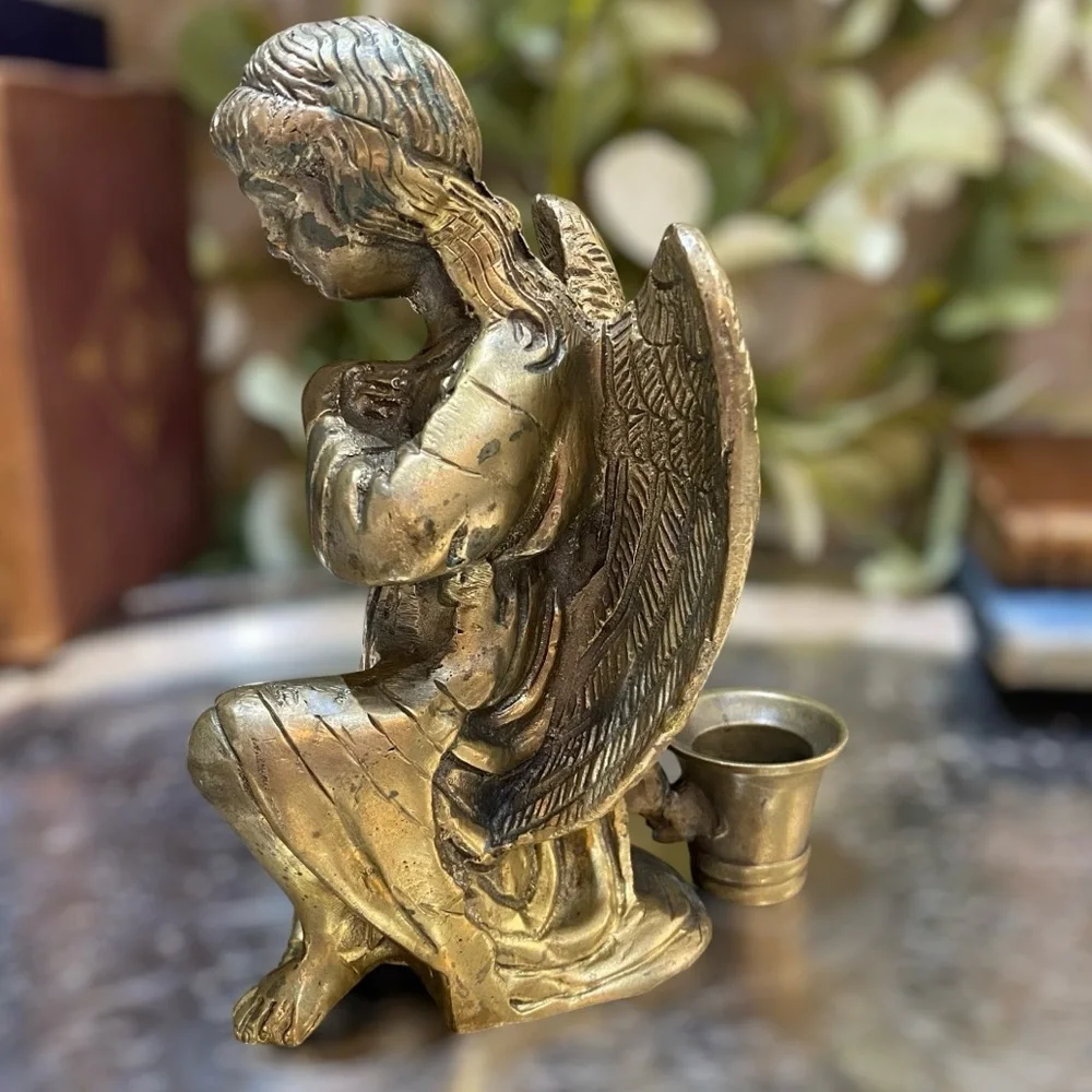 Vintage Brass Angel Candleholder Heavy Cast Metal Candlestick